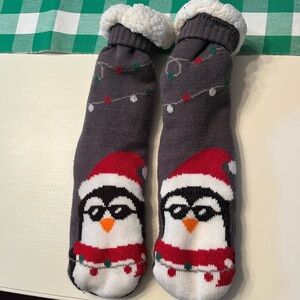 Gray penguin Christmas grippy socks